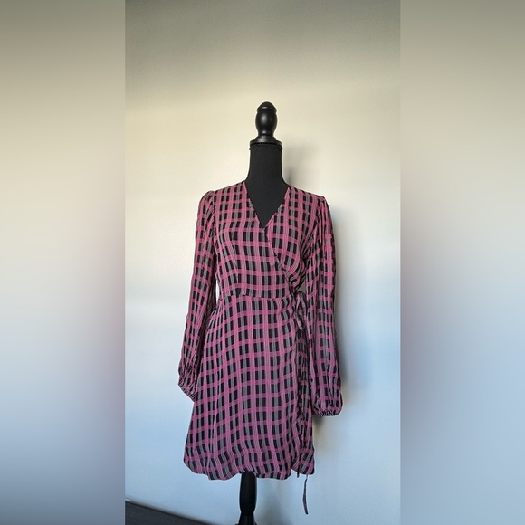 GANNI Women’s Designer Wrap Dress
Georgette Check Print Fuchsia M- 38 NWT - Picture 5 of 8